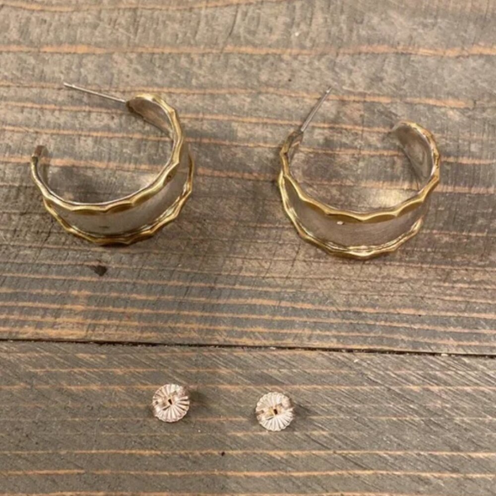 Vintage Laton Sterling Silver & Brass Chunky Hoop Earrings - Picture 5 of 8